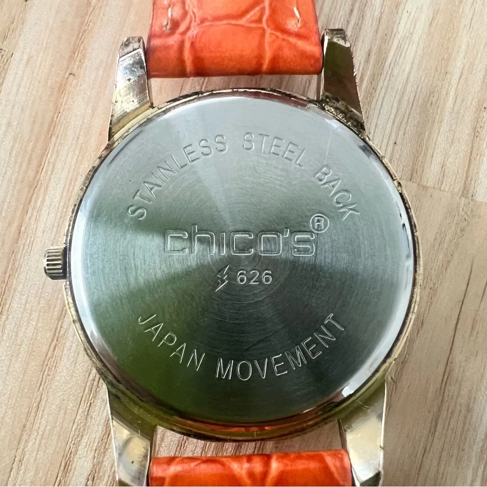 Chico’s ladies gold tone orange leather fashion watch NEW BATTERY